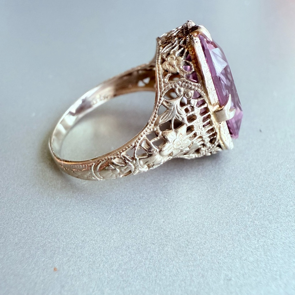 Estate 14K White Gold Antique Art Deco 5 CT Emerald Cut Amethyst Ring - Picture 11 of 13